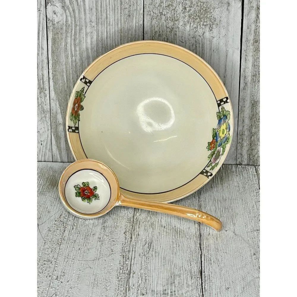 Vintage Noritake Lusterware Porcelain Footed Bowl & Spoon